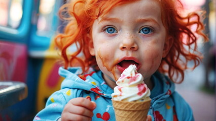 Cute red-haired baby girl eats ice cream and gets all dirty. banner. Summer vibes. Copy space. - obrazy, fototapety, plakaty