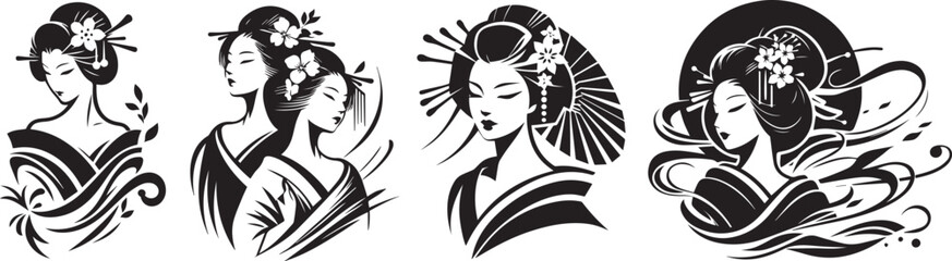 japanese geisha, beautiful woman portrait vector laser cutting engraving