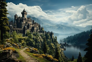 a castle towering over green trees and hills, in the style of mysterious backdrops, photography, dark sky-blue and silver, actionism - obrazy, fototapety, plakaty