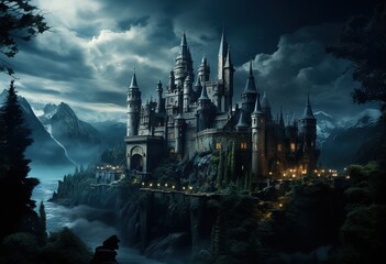 a castle towering over green trees and hills, in the style of mysterious backdrops, photography, dark sky-blue and silver, actionism