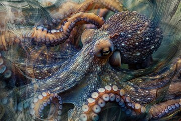 Obraz premium A close-up of an octopus overlaid with the swirling patterns of ocean currents in a double exposure
