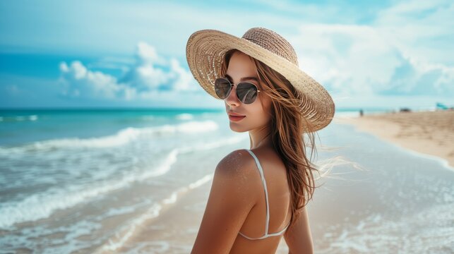 Beautiful Woman with Straw Hat and Sunglasses on the Beach, Looking Sideways with Sea in the Background