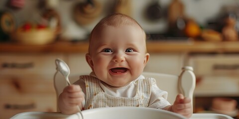 A cheerful infant in a high chair playfully wielding a spoon. Concept Playful Infant, High Chair, Spoon, Cheerful Expression, Joyful Photoshoot