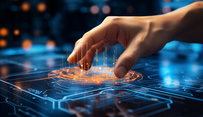 man hand pointing at something on his device while showing cyber, in the style of data visualization, light indigo and orange, precision engineering, fluid networks, generative ai