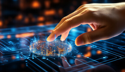 man hand pointing at something on his device while showing cyber, in the style of data visualization, light indigo and orange, precision engineering, fluid networks, generative ai