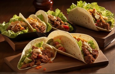Close up of fresh beef tacos with sour cream and shredded cheese.