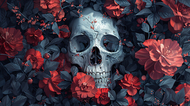 An eerie illustration of a skull surrounded by flower.