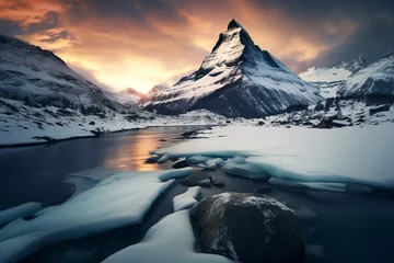 Photo sur Plexiglas Kirkjufell a snowy mountain with a river and a mountain in the background