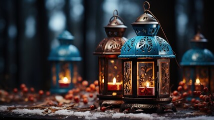 a christmas lantern with ornaments on the table, in the style of vibrant stage backdrops, cottagepunk, spectacular backdrops, night photography, cabincore, light maroon and dark azure - obrazy, fototapety, plakaty