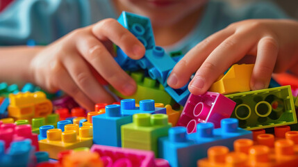 Close-up of hands assembling building blocks, depicting hands-on learning