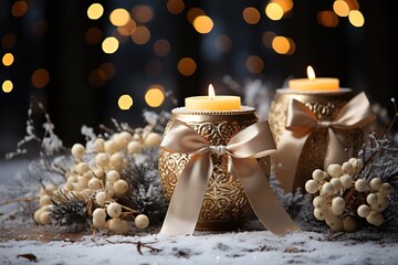a christmas snow scene with wreaths and gold, in the style of bokeh, light, light-focused, light-filled, dark gray and light gold, commission for - obrazy, fototapety, plakaty
