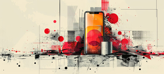 A vibrant mixed media artwork featuring an abstract grunge geometric composition and a smartphone on a foreground