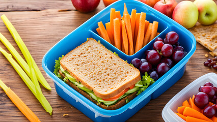 Packed lunch to take to school, healthy lunch, bread, vegetables and fruit in plastic box
