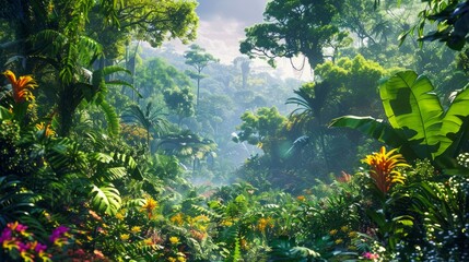 Lush Tropical Rainforest Landscape with Diverse Flora, Vibrant Greenery, and Sunlight Filtering Through the Canopy - obrazy, fototapety, plakaty