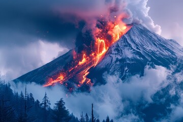 Majestic Volcanic Eruption with Lava Flowing Down the Mountain Amidst Cloudy Sky