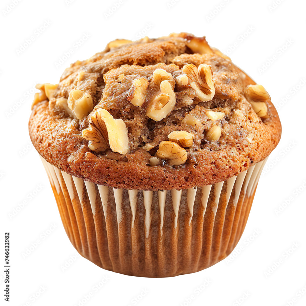 Wall mural front view of single banana nut muffin isolated on a white transparent background