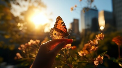 A person's hand gently releases a butterfly in a vibrant urban garden