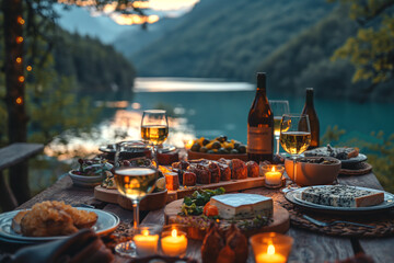Lakeside Evening Picnic With Wine and Cheese - obrazy, fototapety, plakaty