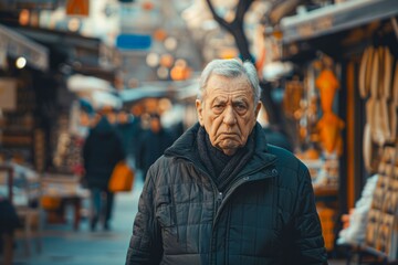 Fototapeta premium Senior Man with Solemn Expression Walking in Urban Outdoor Market Environment