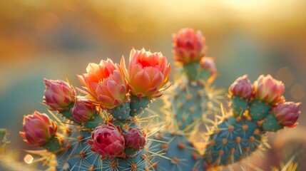 Vibrant Blooming Cactus Flowers at Golden Hour with Soft Sunlight and Bokeh Background