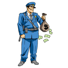 corrupt policeman with a bag of money, vector, logo, cartoon, illustration, mascot, character