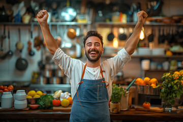 Happy man wearing apron dancing in kitchen at home - Powered by Adobe