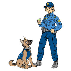 police dog handler girl plays ball with a dog, vector, logo, cartoon, illustration, mascot, character