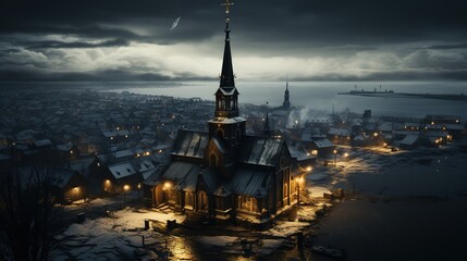 a church with a wooden roof in a cold snowy city, in the style of islamic art and architecture, birds-eye-view, #vfxfriday, absinthe culture, nightscapes, dynasty - obrazy, fototapety, plakaty