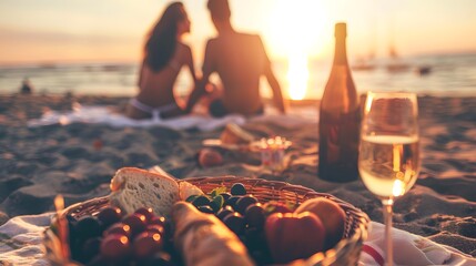 Romantic couple in love doing picnic on the sea beach at sunset. Blurred image of Boyfriend and girlfriend enjoying love