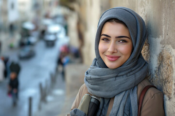 Smiling Arab woman standing at retaining wall with reusable cup