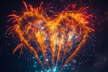 Fototapeta na wymiar A stunning display of fireworks forming a giant sparkling heart in the night sky, with vibrant bursts of color and shimmering trails of light illuminating the surroundings.