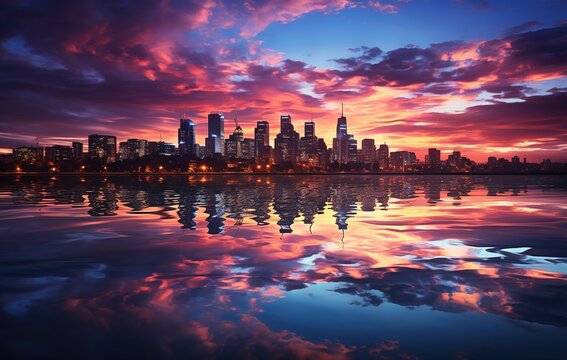 a city at dusk reflecting in a body of water, in the style of sparse use of color, impressive panoramas, impressive skies, neo-classicist symmetry, ultraviolet photography, color photography