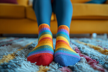 Woman wearing multi colored socks in living room