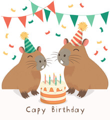 Fototapeta premium Cute family big and small capybara in festive caps blowing out candles on a birthday cake, red and green flags, colorful confetti. Capy Birthday inscription. Postcard, greeting card, invitation