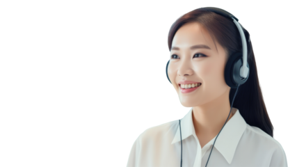 Isolated pretty Asian woman operator working with headsets and desktop computer at telemarketing customer service, call center on transparent background. Contact or talking with customer concept