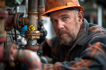 A middle-aged man plumber repairs a broken pipe - obrazy, fototapety, plakaty