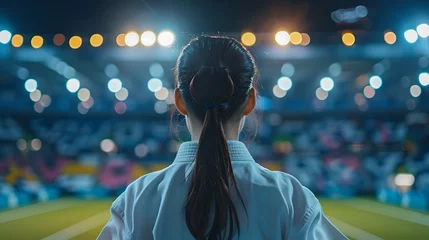 Gordijnen Woman in Karate Standing in a Stadium © vanilnilnilla
