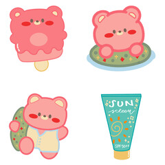 Set of Animal Stickers, Cute Bear Illustration, Summer Clipart, Ice Cream Icons, Sunscreen Vectors, Food Doodle, Swim Beach Hand Drawn