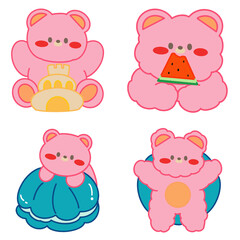 Set of animals, summer stickers 01, teddy bears illustration, cute beach clipart, holiday icons, adorable ocean vector, doodle, cartoon