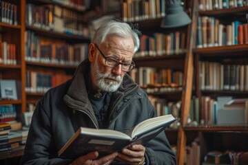 Senior Man with Glasses Deep in Concentration Reading a Book in a Cozy Library Setting with Shelves of Books