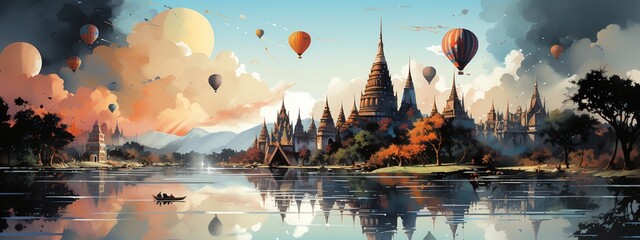 a colorful balloon with an image of water and buildings, in the style of religious building, art, spectacular backdrops, white and navy, panoramic scale - obrazy, fototapety, plakaty