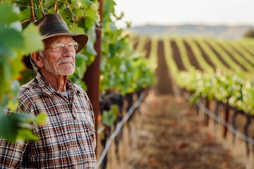 Senior Farmer Contemplating in Vineyard at Sunset, Old Man With Hat Standing by Grapevines - obrazy, fototapety, plakaty