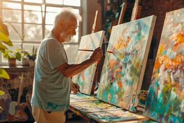 Senior Artist Focused on Painting a Colorful Artwork in a Bright Sunlit Studio with Paintbrush and...