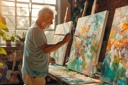 Senior Artist Focused on Painting a Colorful Artwork in a Bright Sunlit Studio with Paintbrush and Palette