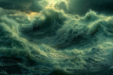 Majestic Stormy Seascape with Ship Braving Enormous Waves under Turbulent Skies in a Display of Nature's Fury - obrazy, fototapety, plakaty