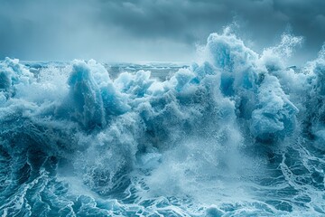 Dramatic Ocean Waves Crashing with Intense Power, Marine Force of Nature Seascape, Dynamic Sea Wave Texture, Oceanic Weather Elements in Motion - obrazy, fototapety, plakaty