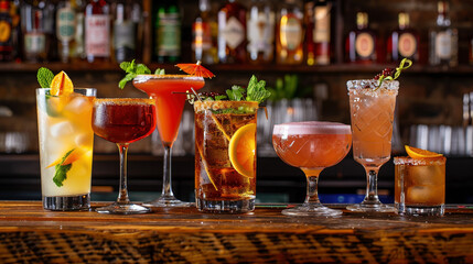 Obraz premium Craft Cocktails with Artistic Garnishes on Wooden Bar Counter