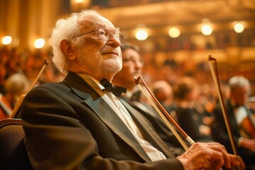 Elderly Musician Enjoying a Classical Concert at a Grand Theater - Portrait of a Senior Man with a...