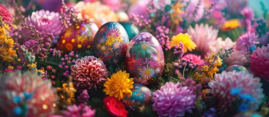 Fototapeta na wymiar A collection of vibrant Easter eggs adorning a heap of blooming flowers, creating a visually striking and festive display of color and nature.