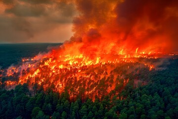 Aerial View of Intense Forest Wildfire Devastation with Flames and Smoke Engulfing Trees in Natural Disaster Scene - obrazy, fototapety, plakaty